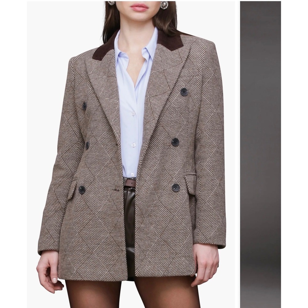 NWOT Avec Les Filles Basket weave double breasted Blazer Size M Brown Geometric